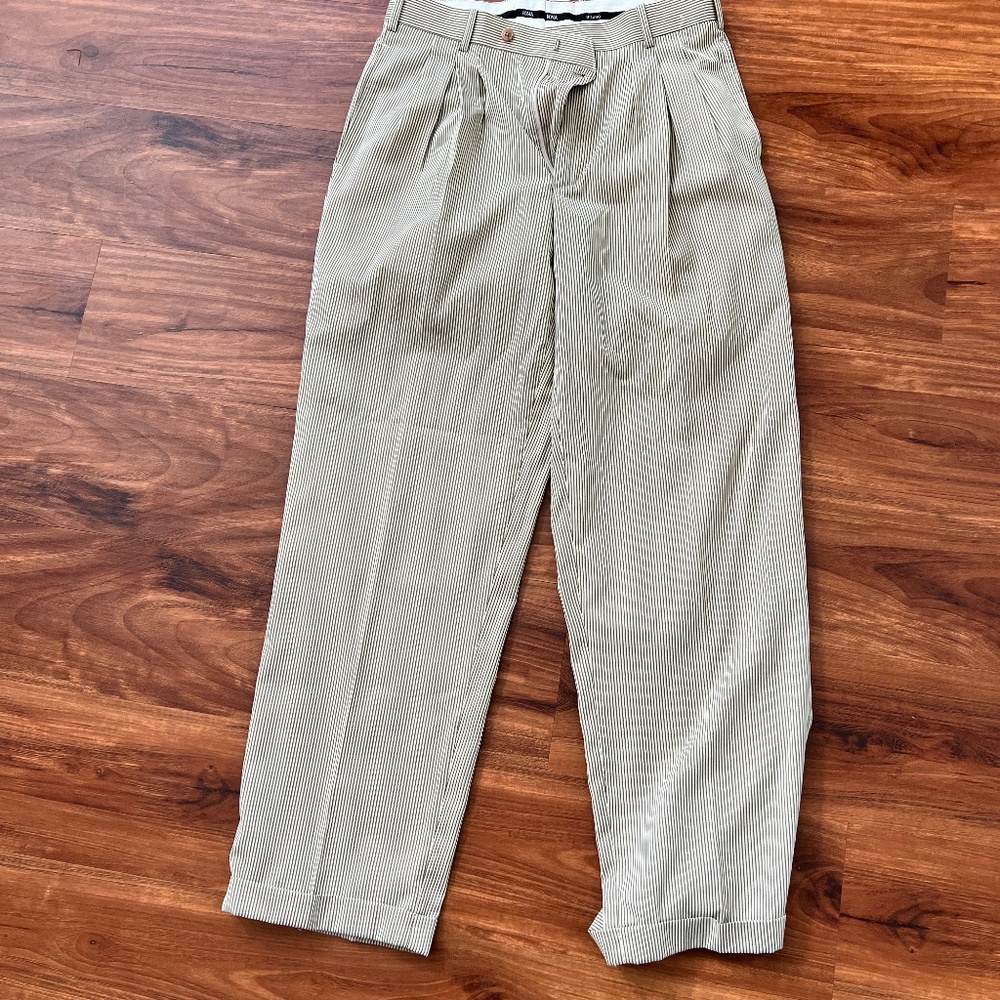 LINEAGE MILAN NEW YORK MENS BEIGE STRIPE DRESS PANTS SLACKS